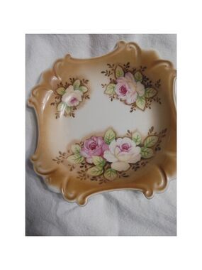 Vintage Ucagco Ceramic Rose candy trinket dish Japan 7 inches scalloped edge